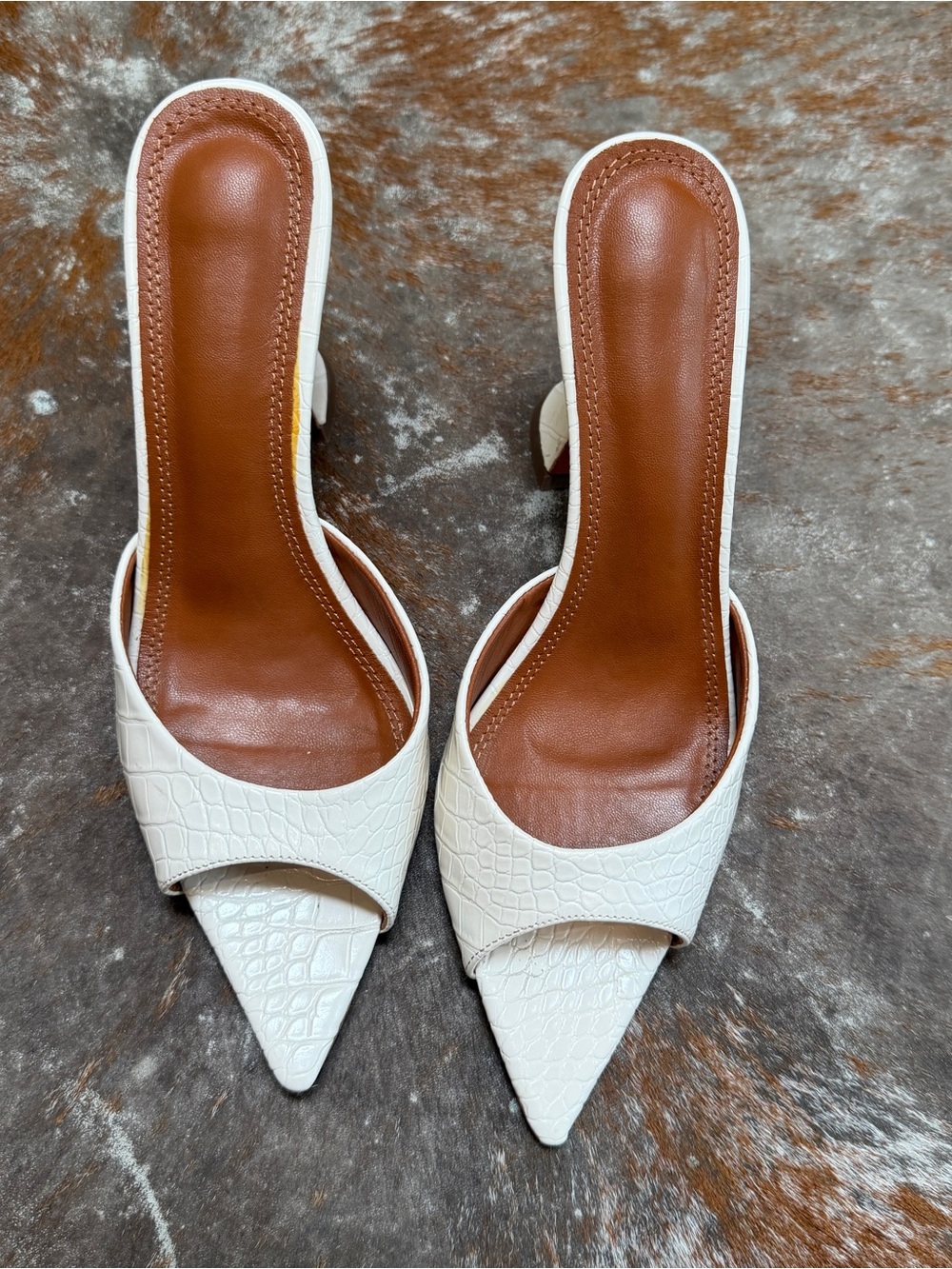 White Croc-Textured Pointed Toe Slip-On Heels